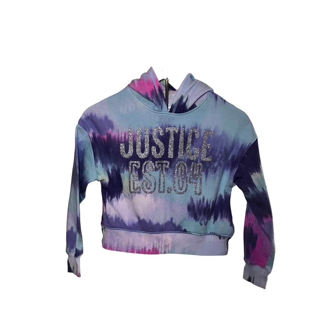 Justice Girls Size 7/8 Small Dye Glitter Logo Cropped Hoodie Sweatshirt